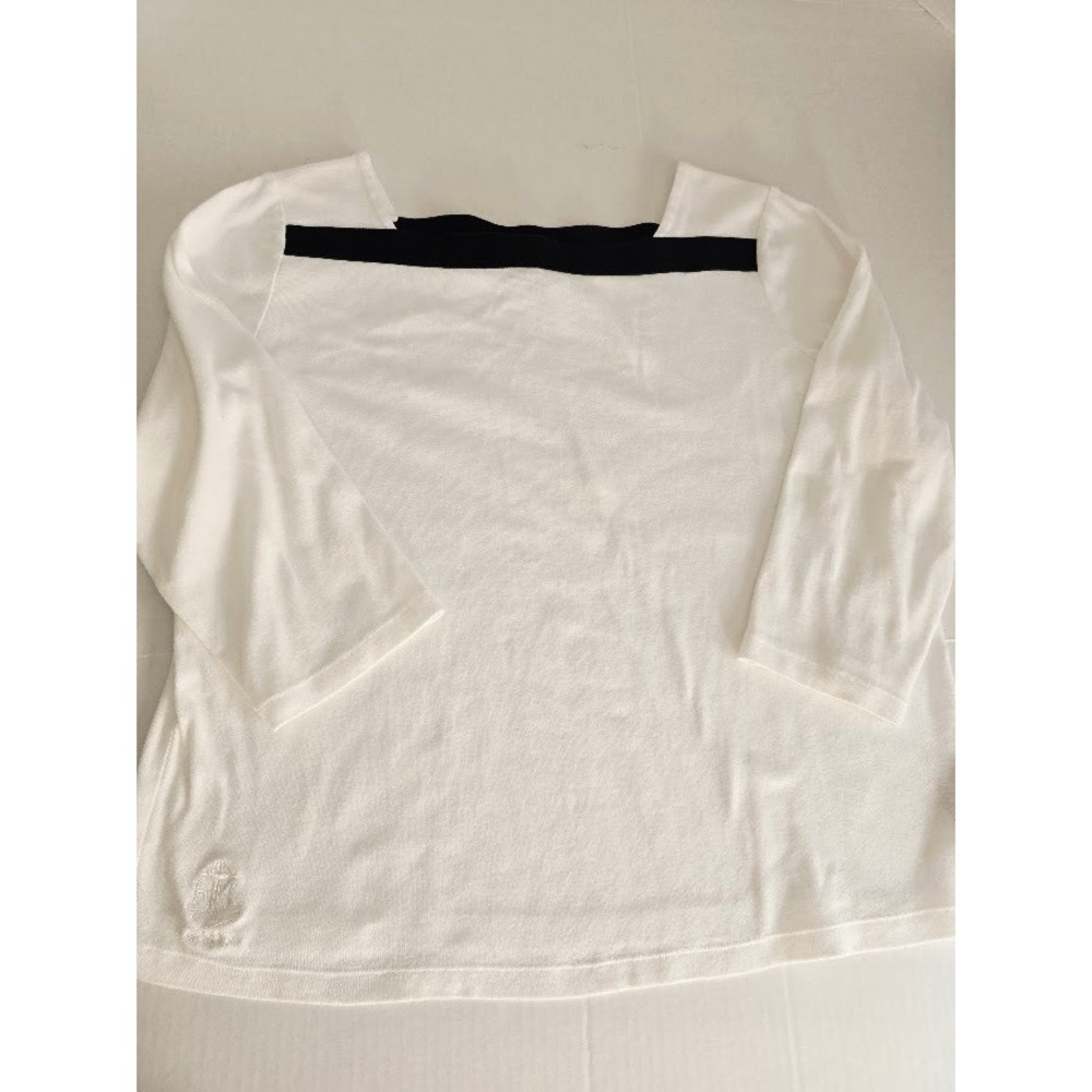 Lauren Ralph Lauren White Black Stripe Boat Nautical 3/4 Neck Sleeve Knit Top XL